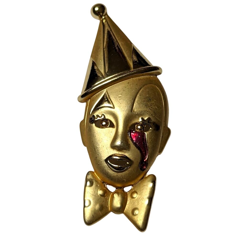 Vintage Art Deco Pierre 80s Gold Tone Sad Crying Creepy Clown Brooch